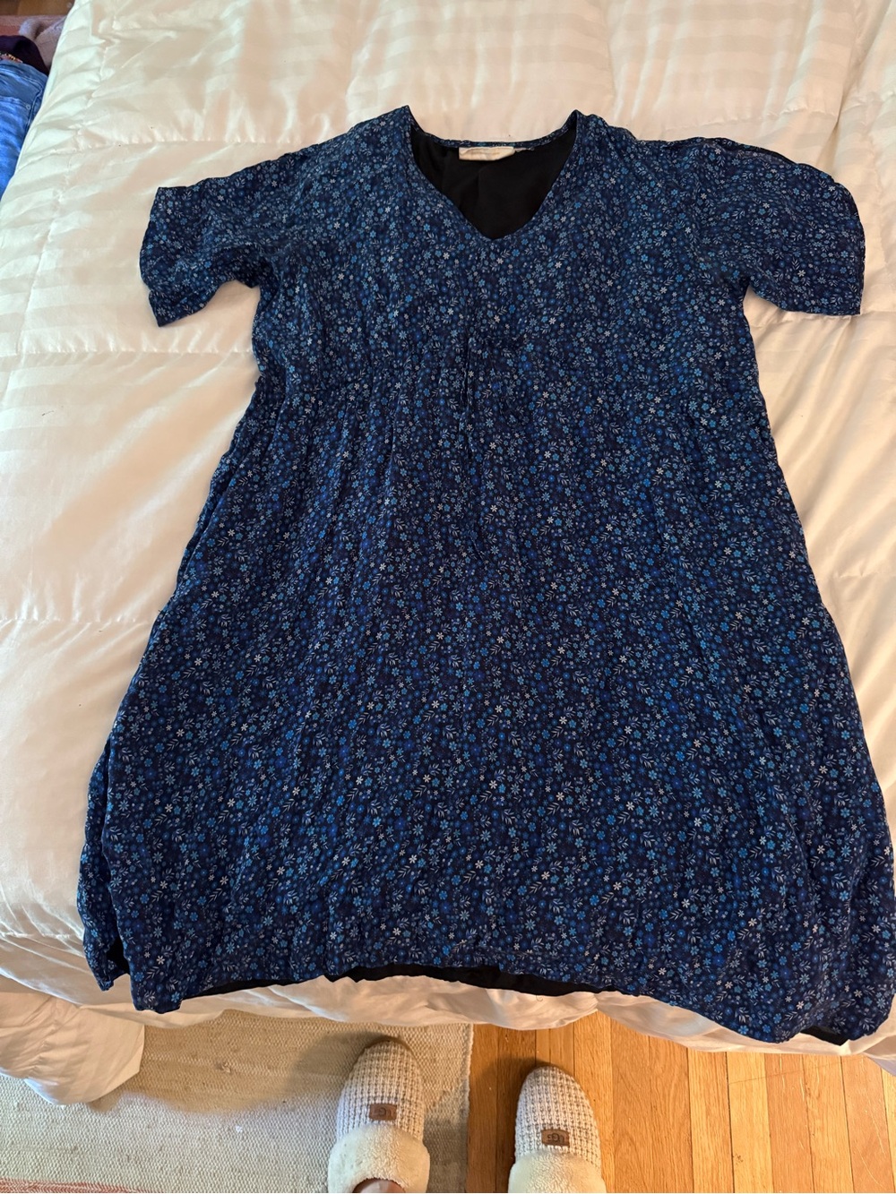 Blue Floral Midi Dress - Lightweight V-Neck